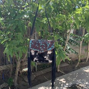 Myra Aqua Hand Tooled Upcycled Cowhide Bag